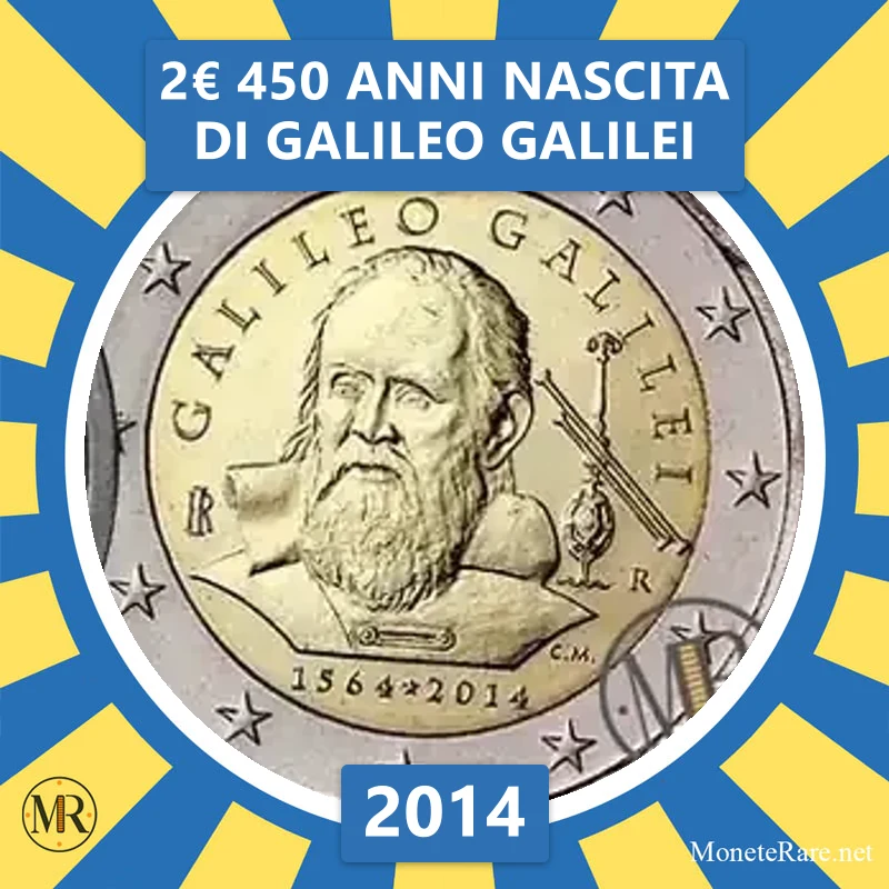 Italy 2€ 450 Years since the birth of Galileo Galilei 2014 (coin photo)