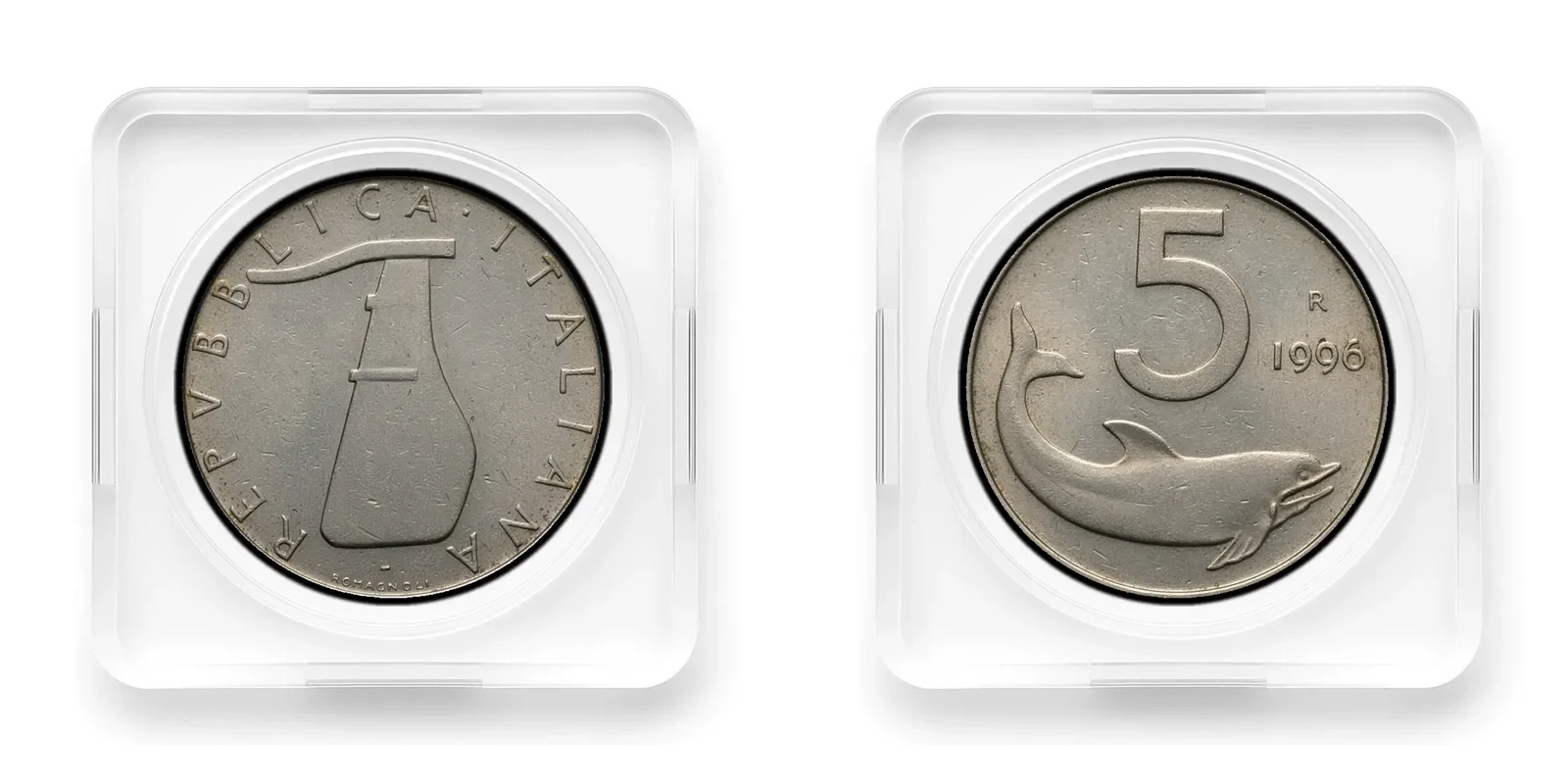 1954 5 lire Dolphin value, type photo of the series in a capsule