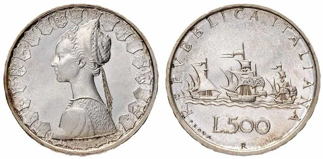 Value of 500 Lire 1957 Vele al Contrario - Rare Silver Coin 500 Lire 1957 Vele al Contrario