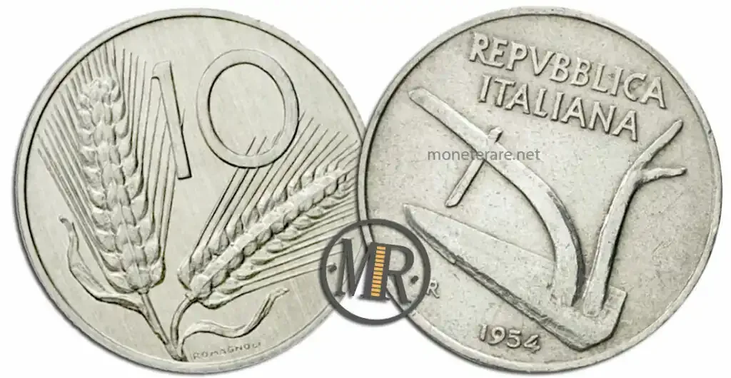 10 Lire 1954 Spiga: coin of the Italian Republic with two ears of wheat
