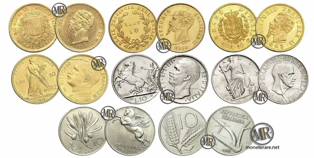 All rare 10 Lire coins with their value
