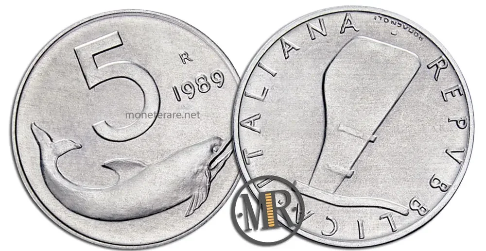 5 Lire Dolphin 1989 Inverted steering wheel 5 Lire value
