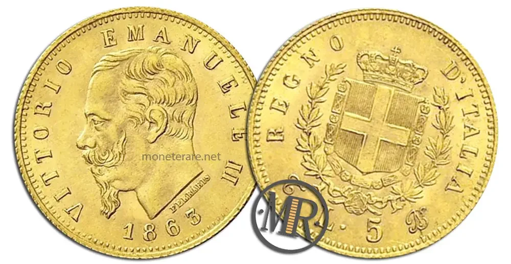 5 Lire value Vittorio Emanuele II Coat of Arms GOLD rare coin
