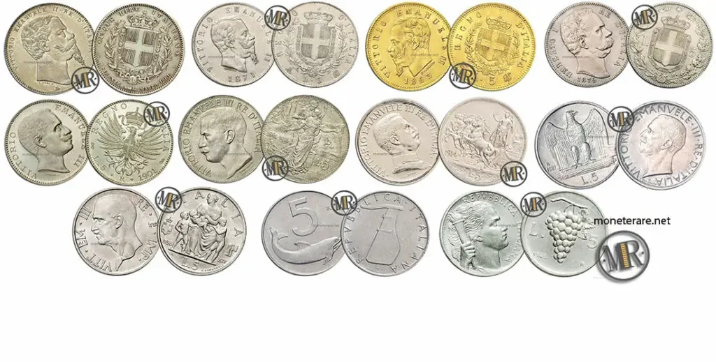 All 5 Lire coins with value
