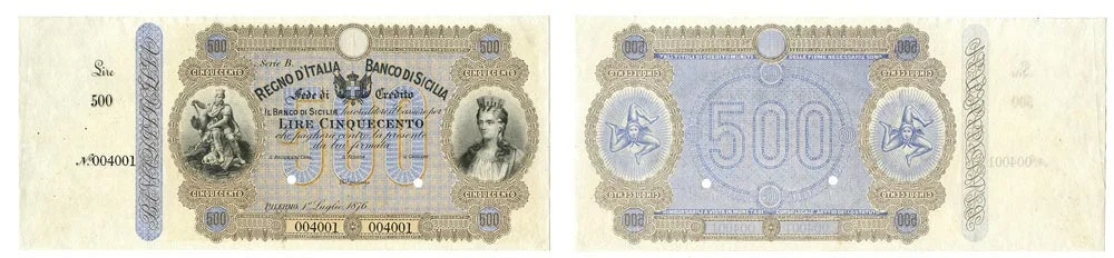 Front and Back of the rare Italian banknote 500 lire of the Banco di Sicilia 1876