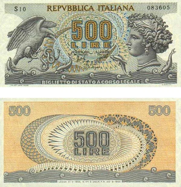 500 Lire Aretusa banknote 1966