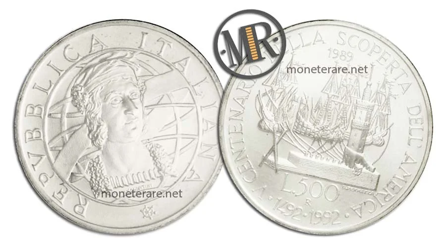 500 Lire Commemorative Silver Discovery America MAN 1989
