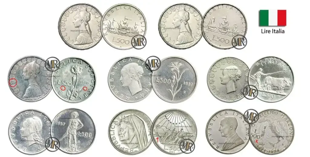 500 Italian Silver Lire with the value of each coin