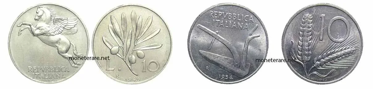 The valuable Italian coins of 10 lire Olivo and Spiga