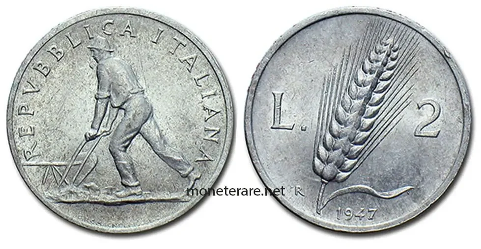 valuable Italian coins of 2 Lire Spighe 1947