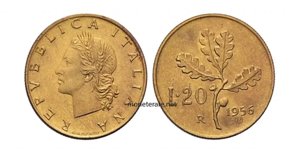 Non-rare Italian coin of 20 Lire 1956