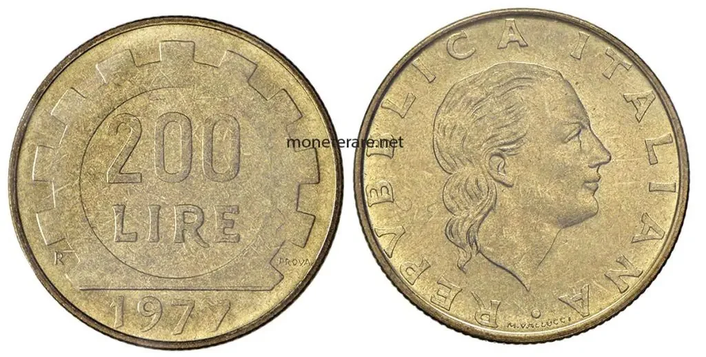 Valuable coin of 200 Lire 1977 with the inscription PROVA