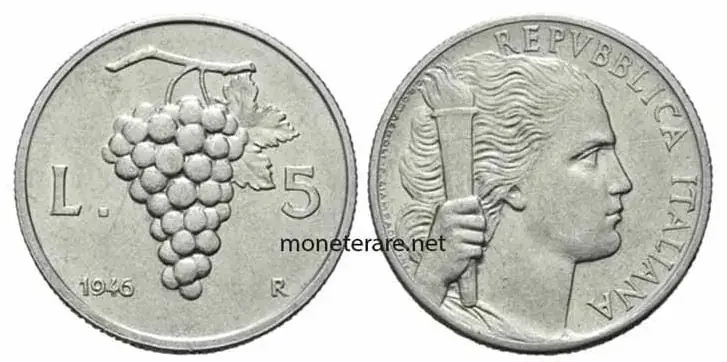 5 lire 1946 uva rare among valuable rare Italian coins
