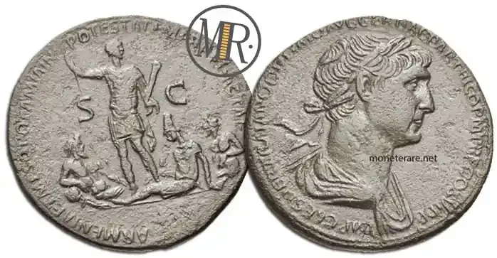 sestertius coin of Trajan with Tigris Euphrates and Armenia