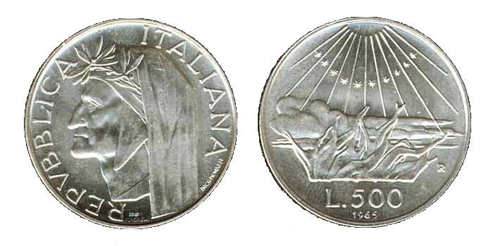 500 Lire Silver Coin with Dante Alighieri