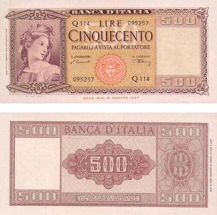 Italian 500 Lire Banknote "Crown of Spikes" 1947 