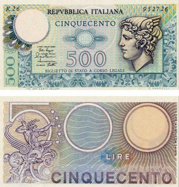 Italian 500 Lire State ticket "Mercury" Banknote 1974