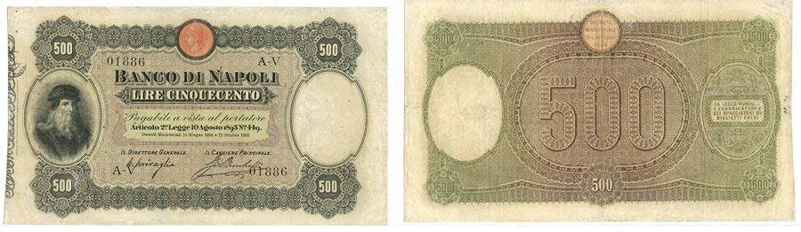 Banconota da 500 Lire 1903 con Leonardo da Vinci del banco di napoli
