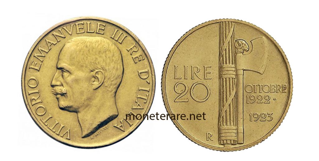 20 lire coin "Marengo" with Vittorio Emanuele III "Fascio"- 20L - Gold