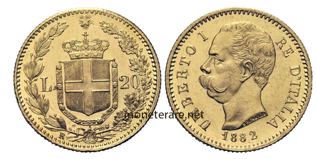 20 lire coin "Marengo" with Umberto I- 20L - Gold 1882