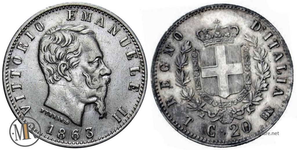 20 Cents Lira Coin 1863 "Stemma" Vittorio Emanuele II