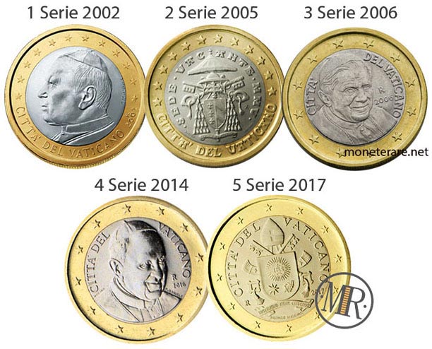 All the 5 series of the 1 Euro Coins of the Vatican City