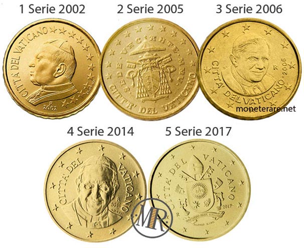 All the 5 series of the 10 cents Vatican Euro Coin