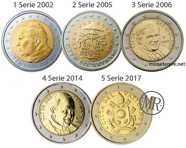 All the 5 series of the 2 Euro Coins of the Vatican City
