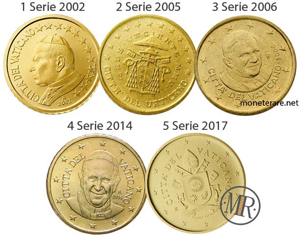 All the 5 series of the 50 cents Vatican Euro Coins
