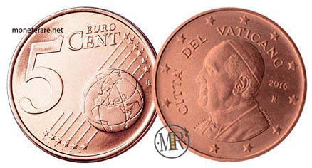 5 Cent Vatican Euro Coins Pope Francis 2016