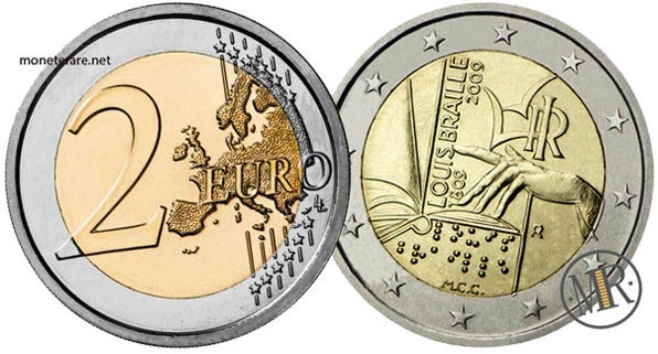 value of 2 Euro Italy 2009 - 200th Anniversary of the birth of Louis Braille