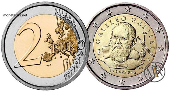 value of 2 Euro Italy 2014 "Galileo" - 450th anniversary of the birth of Galileo Galilei