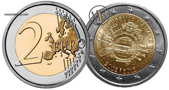value of 2 Euro Italy 2012 - 10th Anniversary of the Euro 2002-2012