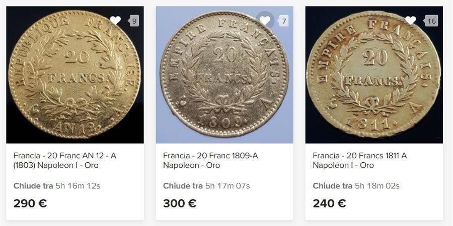 tre monete franchi d'oro da comprare all'asta