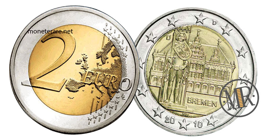German 2 Euro Coin 2010 - Bremen Town Hall and Statue of Orlando