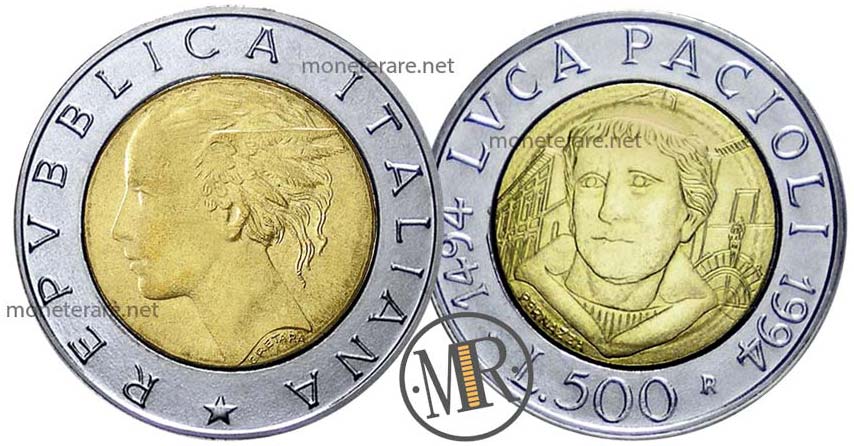 Italian Bimetallic 500 lire coin Luca Pacioli 1994