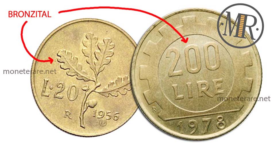 Italian 20 lire and 200 lire coins in Bronzital