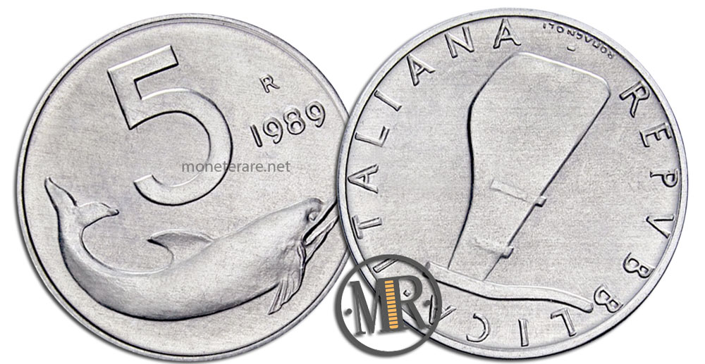 5 Lire Coins Delfino 1989 Timone rovesciato