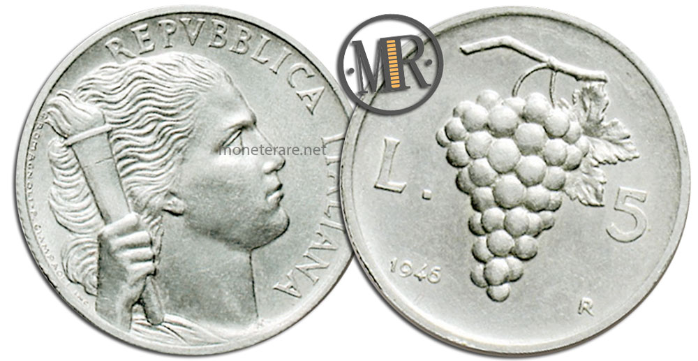 5 Lire Coins Repubblica Italiana Uva, 5 lire 1950 "Grapes"