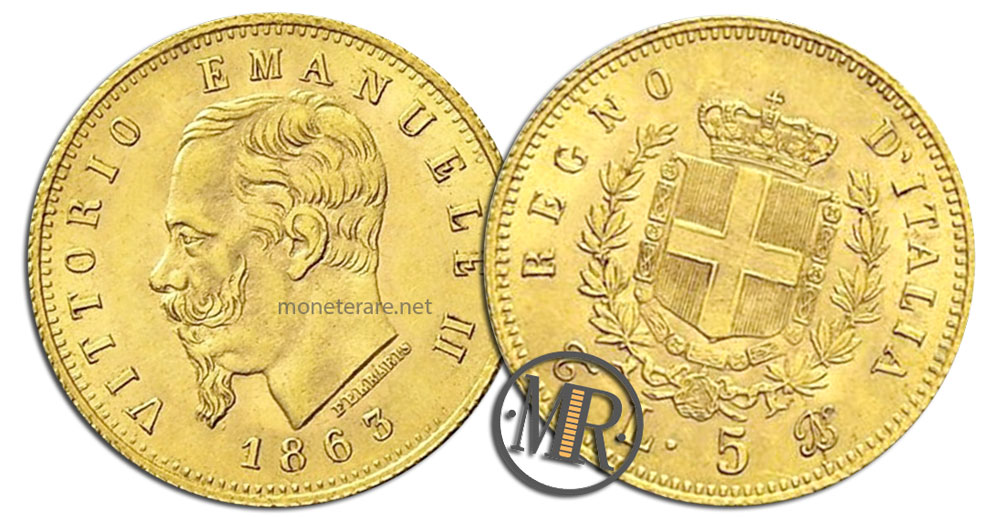 5 Lire Coins Vittorio Emanuele II Stemma ORO