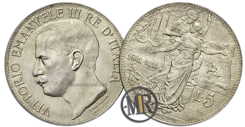 5 Lire Coins Vittorio Emanuele III Cinquantenario 1911
